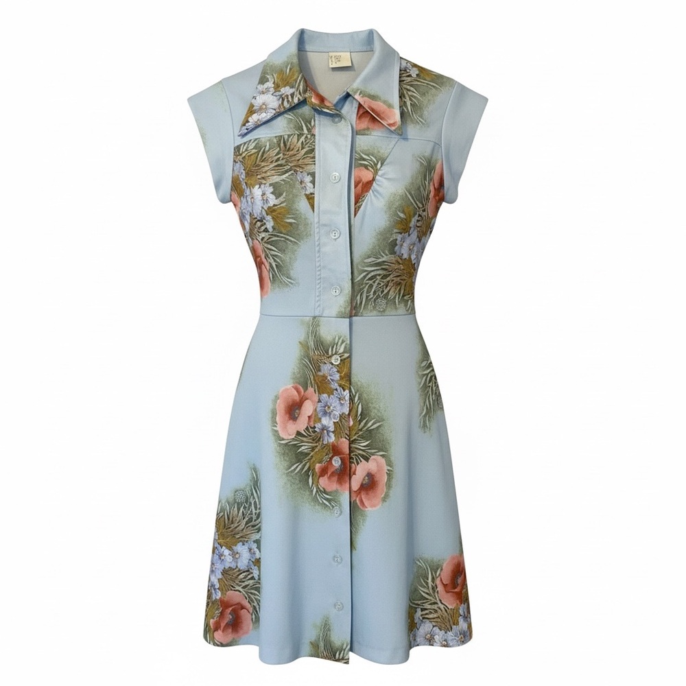 Vintage Floral A-Line Dress Boho Cottage Core Point Collar Blue Buttons Size 7
